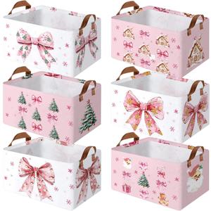 Boao 6 Pack Pink Bow Storage Baskets for Gifts Empty Pastel Collapsible Large Winter Christmas Storage Bins Canvas Laundry Basket Foldable Box with Handle for Office Home Bedroom Clothes
