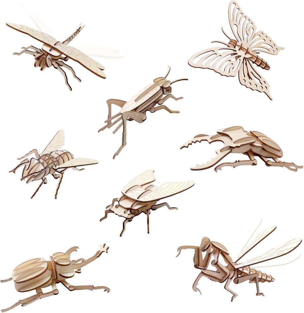 ELX Wooden 3D Puzzles for Kids 6+, 8 Piece Set Insect Animal Models, Wood Building Kits DIY Wooden Crafts Stem Toys peresents for Kids and Adults