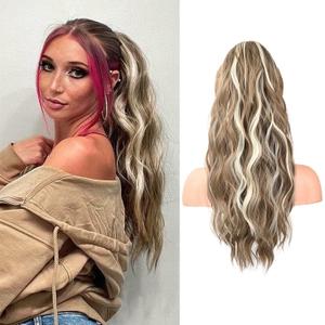 FLUFYMOOZ Ponytail Extension, 22 Inch Drawstring Ponytail Hair Extensions for Women Long Curly Wavy Ponytail Natural Wavy Synthetic Hairpiece for Women (22" Ash Brown with Blonde Highlights)