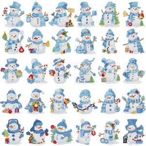 Motipuns 30 Pcs Magnetic Diamond Art Magnet Bulk Diamond Painting Kits Adult DIY Art Fridge Refrigerator Magnet for Beginners Gifts(Winter Snowman,White Blue)