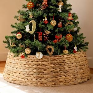 27" Christmas Tree Collar, Hand Woven Hyacinth Christmas Tree Base  4 Piece Rustic Farmhouse Style Tree Skirt Replacements for Artificial Trees, Fits Below 26" Tree Stand, Natural Hyacinth