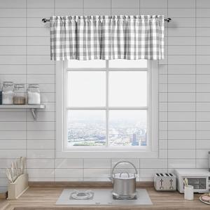 Amzdecor Grey White Buffalo Plaid Valance Linen Sheer Cafe Curtain Buffalo Check Plaid Rod Pocket Rustic Farmhouse Kitchen Window Treatment for Living Room Bedroom,1 Panel, 55''x15'',Silver Gray White