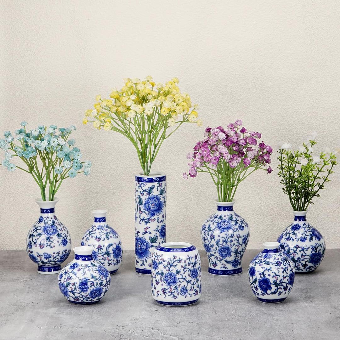 Dandat 8 Pcs Mini Chinoiserie Bud Vases Ceramic Blue and White Floral Chinese Porcelain Vase Set for Shelf Table Centerpieces Home Decor (Vintage)