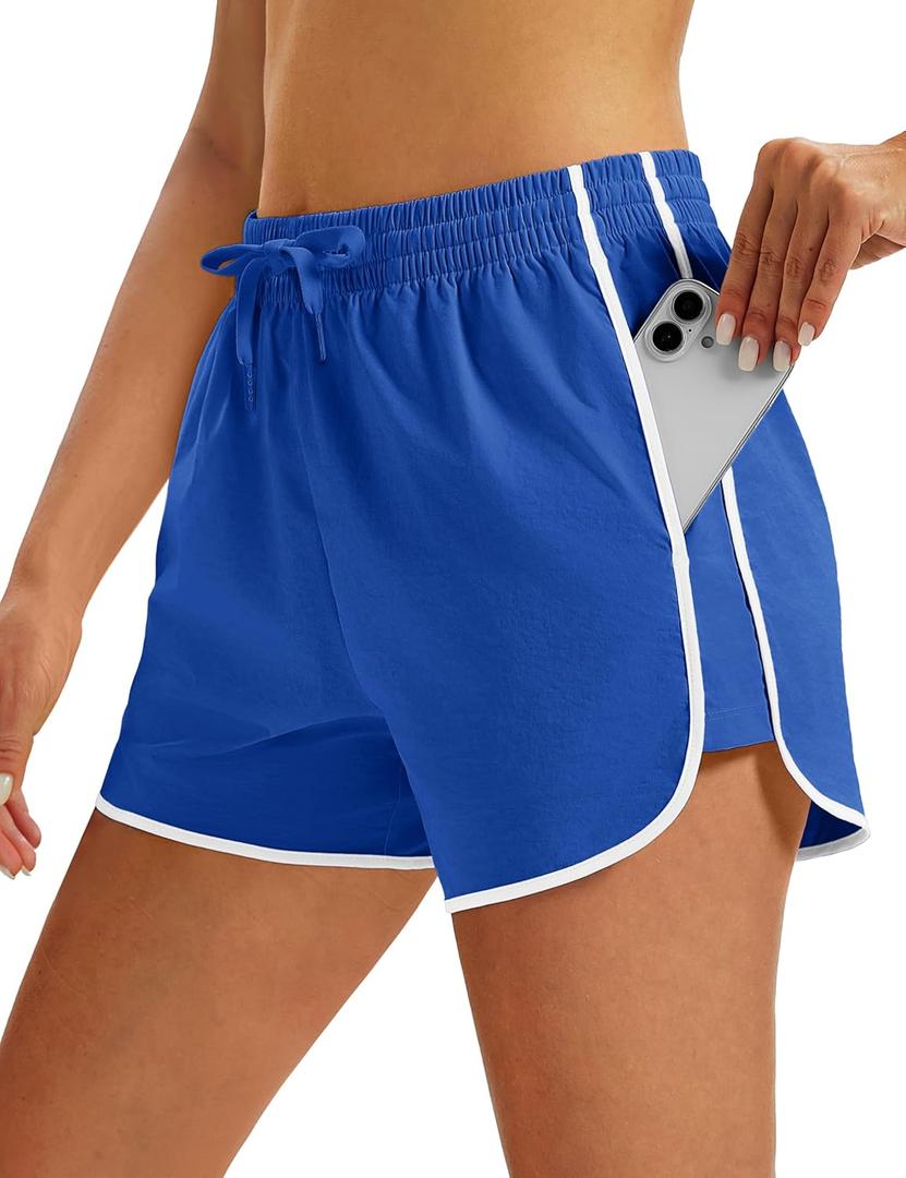 MAGOCOMSEN Women's Running Athletic Shorts with Pockets 3.5" Quick Dry Lightweight Workout Gym Shorts Sport Casual (Blue, M)