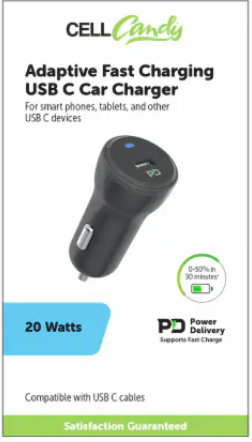 Cell Candy Adaptive Fast Charging USB C Car Charger 20W, 1 ct
