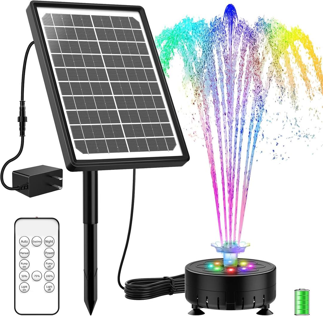 AISITIN 10W Solar Water Fountain with Colorful LED Lights & 4400mAh Rechargeable Battery, Remote Control Solar Fountain Pump with 16 Nozzles and Charging Cable for Garden, Bird Bath, Pond and Outdoor (Black)
