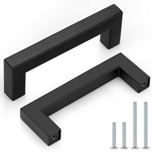 Probrico (5 Pack) Matte Black Square Cabinet Pulls 3-1/2 Inch(90mm) Hole Center Modern Kitchen Cabinet Hardware 4 inch(102mm) Overall Length Stainless Steel Drawer Handles