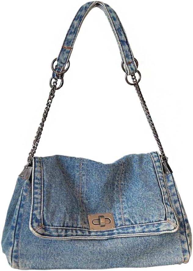 KlaOYer Denim Shoulder Bag for Women Jean Tote Bag Adjustable Chain Strap Crossbody Bags Y2k Trendy Hobo Purse Handbag (Light Blue)
