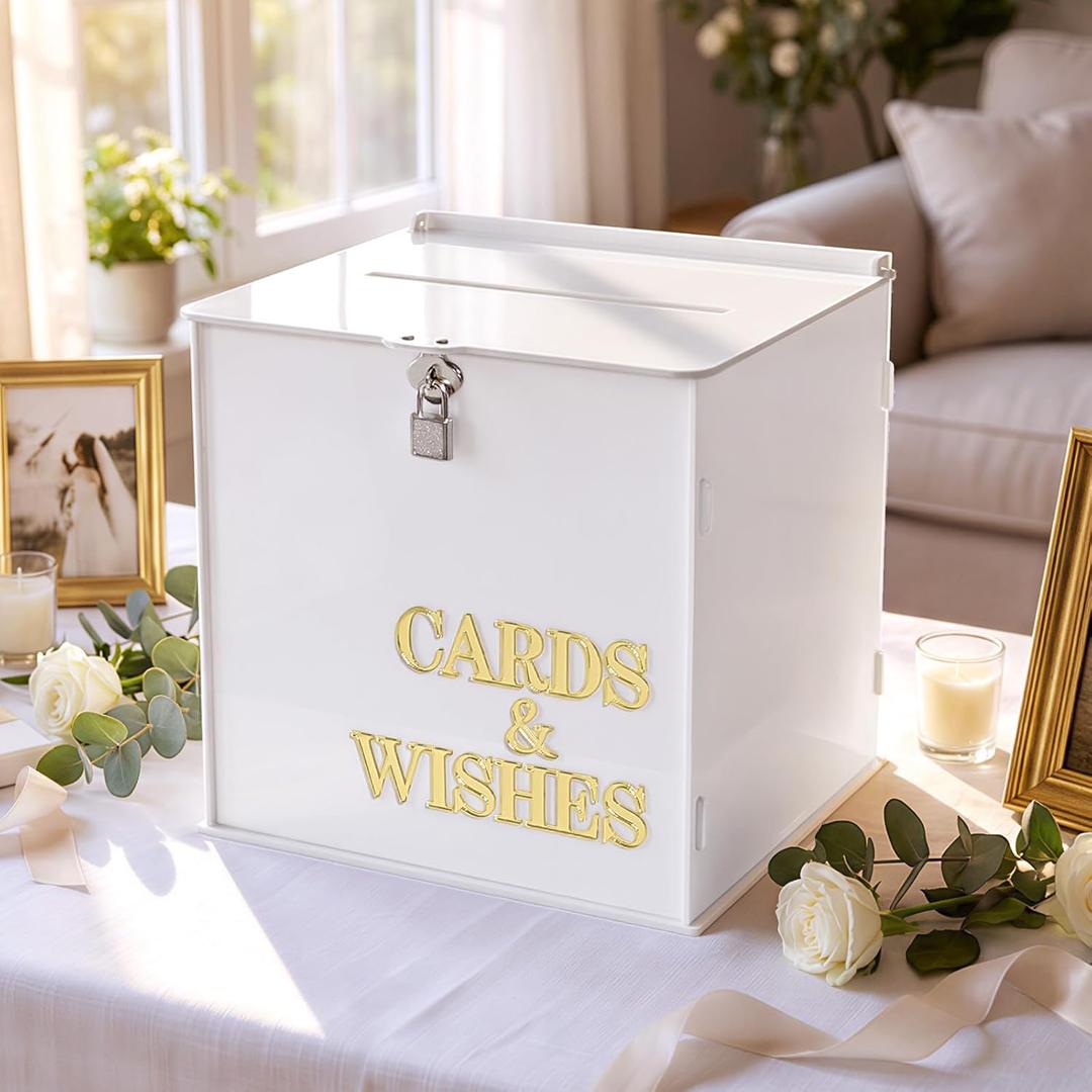 OurWarm White Wedding Card Box with Lock, Acrylic Card Box for Wedding Reception, Elegant Wedding Money Envelop Gift Card Box for Party Graduation Birthday Baby Shower Decorations