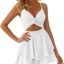 AGERWAY Women's Jumpsuit Sexy V Neck Twist Spaghetti Straps Double Layer Ruffle Hem Mini Short Romper L