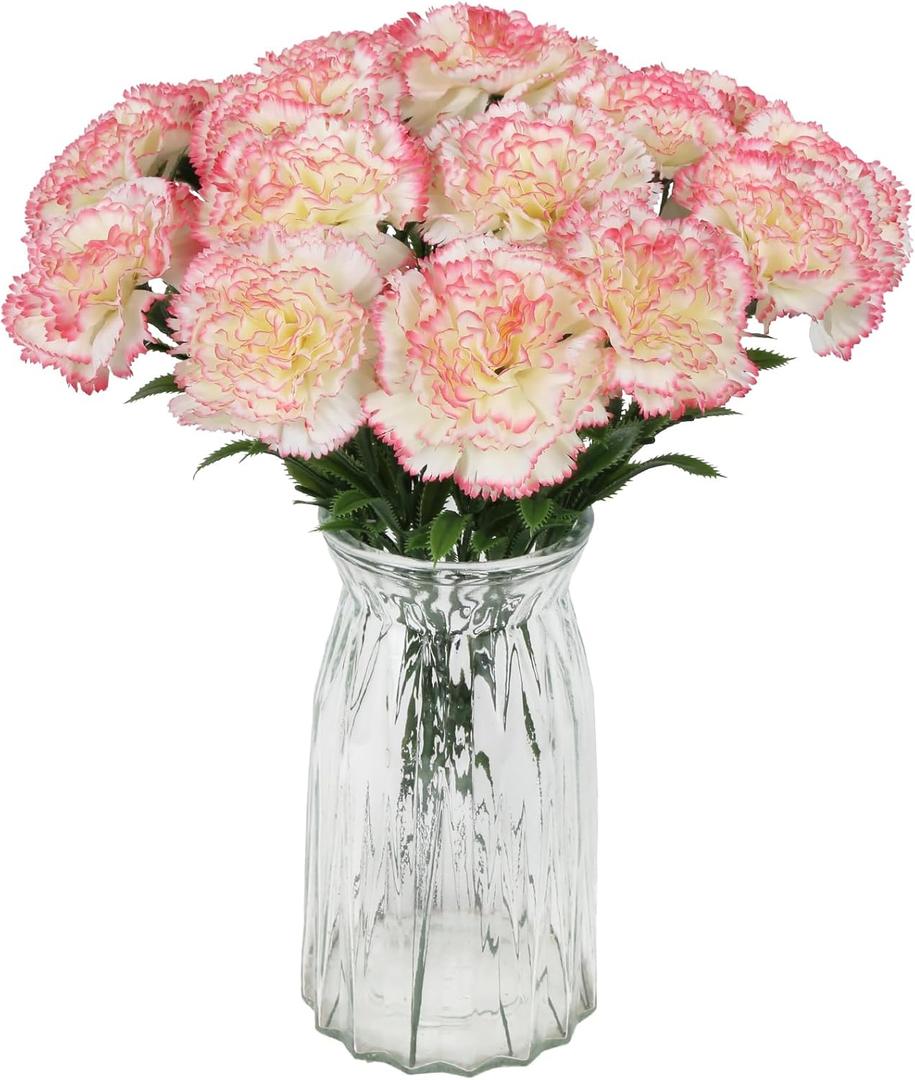 16PCS Pink Carnations Artificial Flowers 14.8'' Fake Carnation Silk Flowers with Stem Faux Carnations Flowers for Home Table Centerpiece Wedding Decorations Floral Arrangements (Pink Edge)