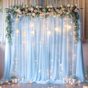 10ft x 10ft Blue Backdrop Curtain with Lights String for Parties, Sheer Tulle Wedding Photo Backdrops Drapes for Baby Shower Birthday Party Decorations Background for Photography (W5' x H10'(2 panels))