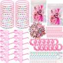 Quelay 134 Pcs Kpop Disco Party Favors Popular Singer Party Friendship Gift Set Birthday Bracelets Sunglasses Satin Scrunchie Clips Stickers Bags for 80s Y2k Fans Women(Heart,Pink)