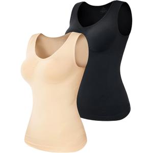 Shapewear Tank Tops for Women-Tummy&Waist Control Compression Camisole Slimming V-Neck Body Shaper Vest (Large, Black+beige)