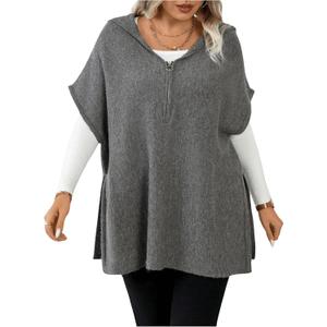 Women's Plus Size Half Zip Hooded Sweater Vest Cap Sleeve Split Hem Pullover Knitwear, Dark Grey, X-Large Plus