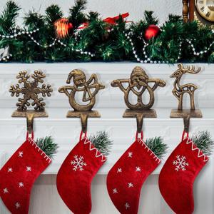 Retro Christmas Stocking Holders for Mantel - Set of 4 Vintage Heavy Hangers for Fireplace Decorations - Reindeer, Snowflake, Santa, Snowman Hooks