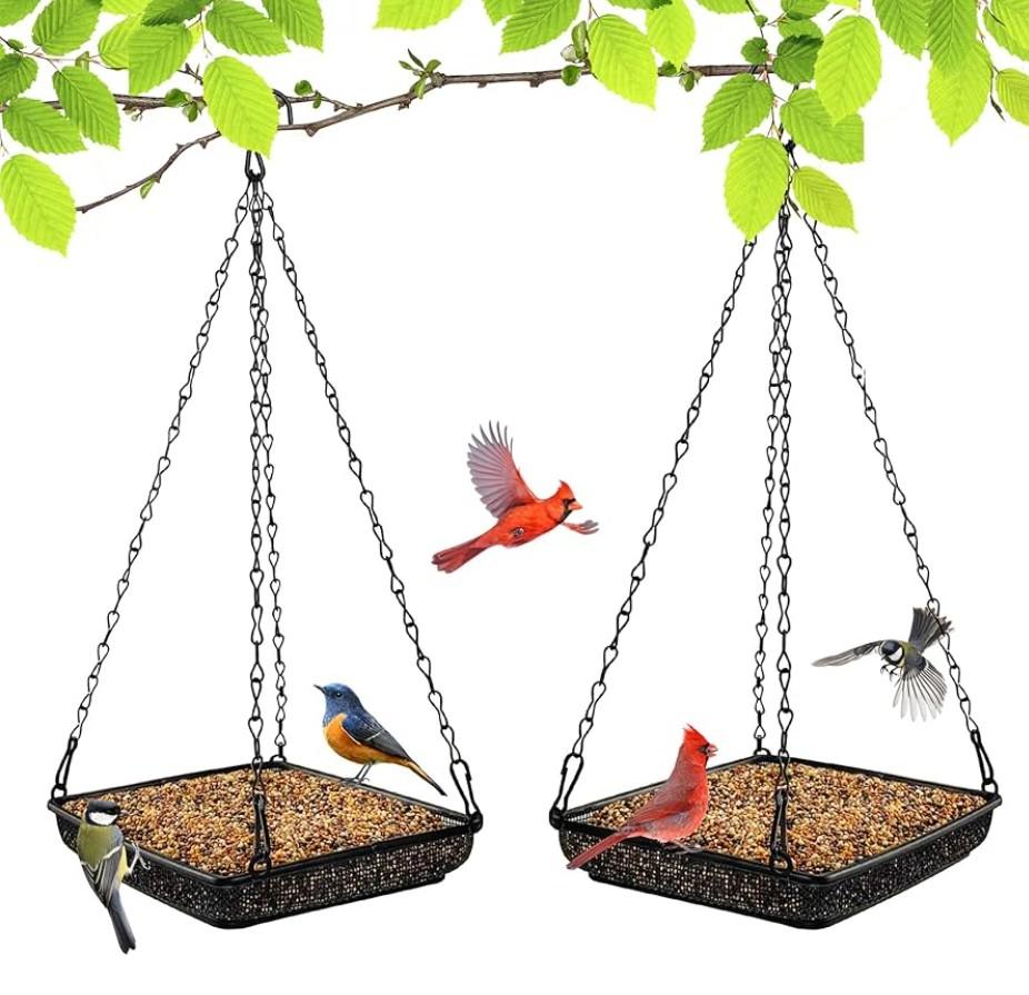 MIXXIDEA Hanging Bird Feeder Tray Metal Mesh Platform Seed Feeder with Durable Chains for Outdoors Garden Great for Attracting Birds (2 Pack)