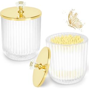 Jenseits 2PCS Qtip Holder Set, Clear Glass Apothecary Jars With Lid for Cotton Ball and Round Pad Storage, Bathroom Vanity Organization, Farmhouse Home Decor