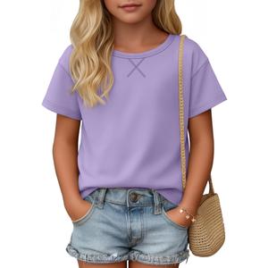 YooAurvox Girls Short Sleeve Shirts 5-14Y, Light Purple, 7-8 Years