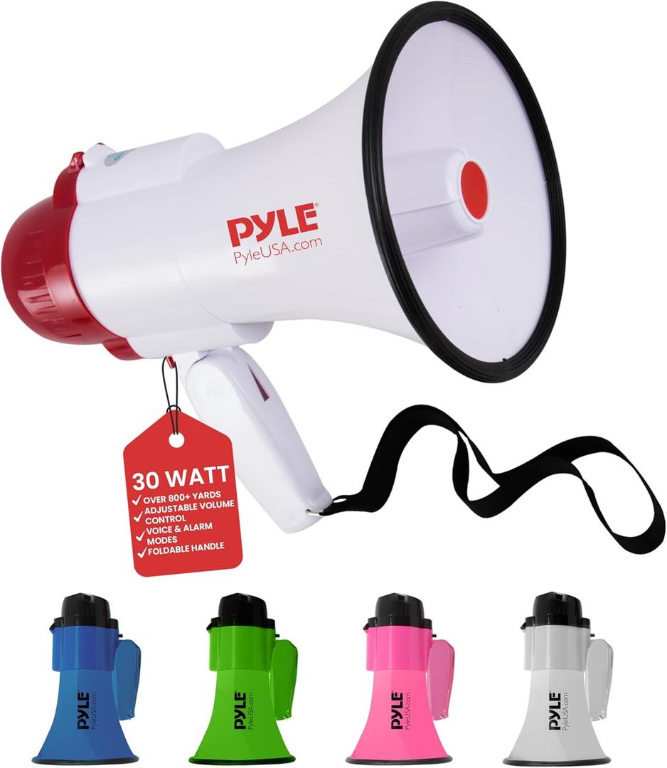 Pyle Lightweight 30-Watt Megaphone Bullhorn Speaker - Adjustable Volume, Built-in Siren for 800-Yard Range Suitable for Indoor/Outdoor Sports, Cheerleading, and Events (PMP30) (White)