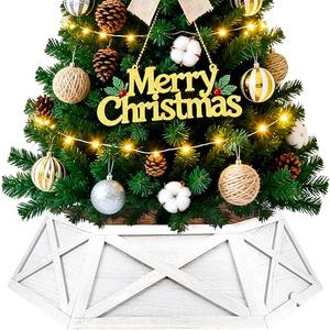 AtawLege Wood Christmas Tree Collar, 27" Hexagon Vintage Wooden Rustic Farmhouse Christmas Tree Base Cover with X-Pattern, Natural Handcrafted Tree Skirt Stand Box for Home Party Tree Decor White