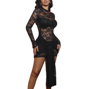 acelyn Women’s Sexy Floral Lace Bodycon Mini Dress Long Sleeve Mock Neck Cocktail Party Birthday Club Dress Black
