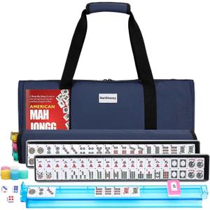 American Mahjong Tile Set,166 White Tiles Mahjong Set,4 Colors Mahjong Racks,Travel Mahjong Set with Blue Carrying Bag, 5" x 2" x 1.2"