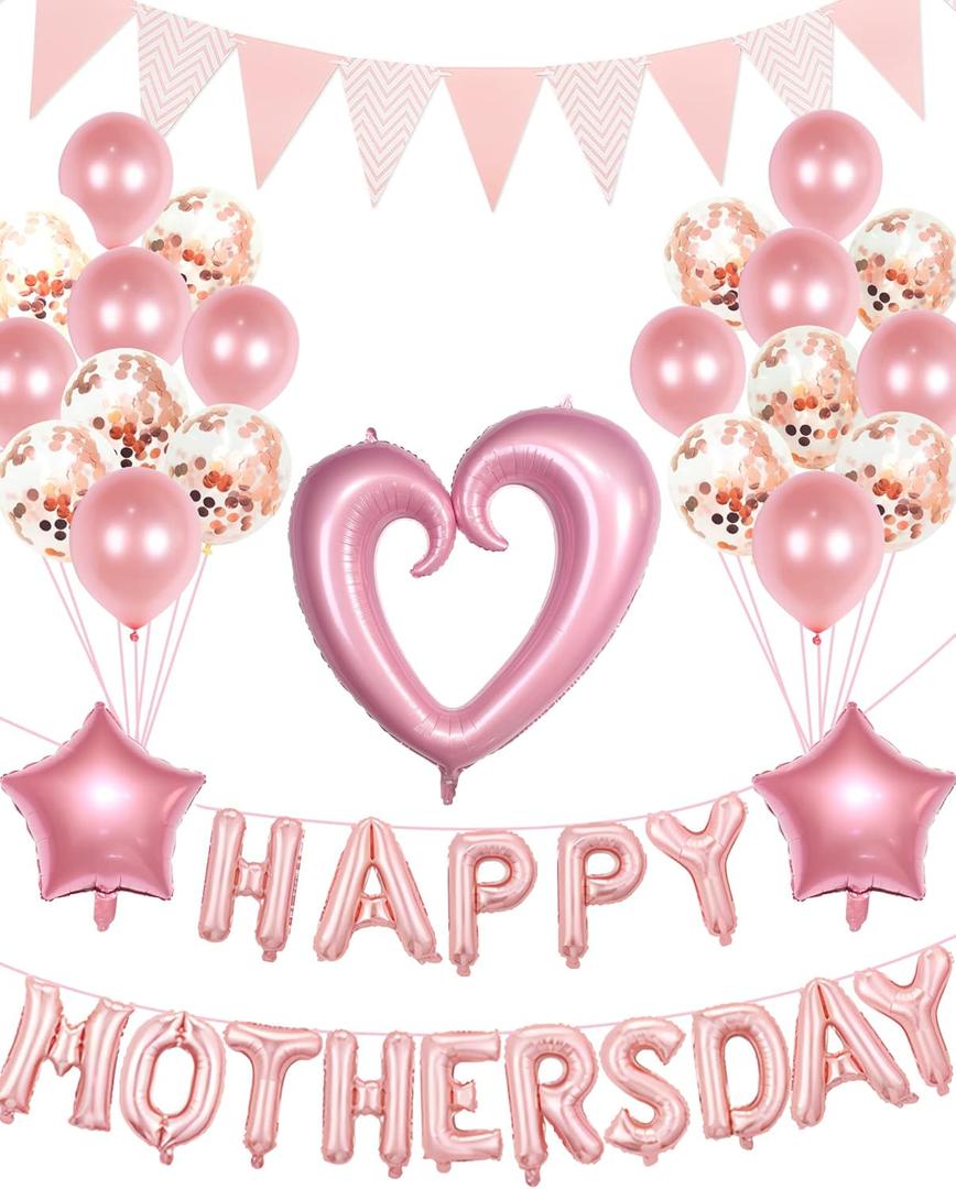 Happy Mother's Day Balloons Set, Pink Rose Gold Mothers Day Banner Letter Balloons Decor for Women Decorations for Party