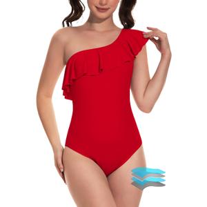 Beautikini Period Swimwear One Piece Menstrual Leakproof Swimsuit One Shoulder Ruffle Bathing Suits for Girls Teens (Medium, Hot Red)