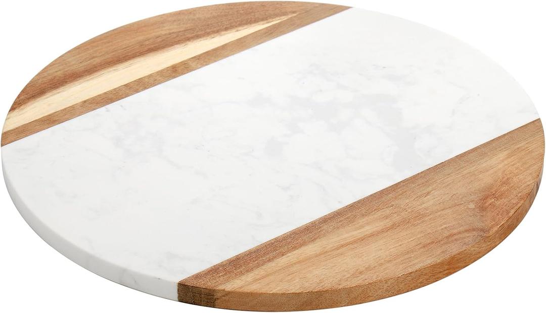 Okllen 12" Marble Cheese Board and Acacia Wood Serving Board, Handcrafted Round Marble Tray Cutting Board for Cheese, Charcuterie, Meat, Fruit