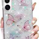 for Samsung Galaxy S25 Clear Glitter Butterfly Case, Cute Bling Sparkle Shiny Stars Soft TPU Bumper Four Corners Aesthetic Shockproof Protective Case for Women Girls for Galaxy S25 6.2", Pink