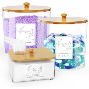 3 Pack Laundry Powder Container & Dryer Sheet Holder, Large Plastic Laundry Room Organization and Storage Jars with Lids, Labels & Scoops for Powder, Detergent, Scent Booster (Clear)
