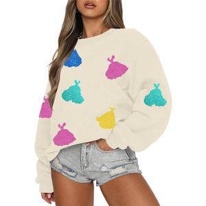 UNIQUEONE Oversized Sequins Bow Sweatshirt - Women Magic Kingdom Sweater Pastel Graphic Coquette Tee Holiday Pullover (Beige, XL)