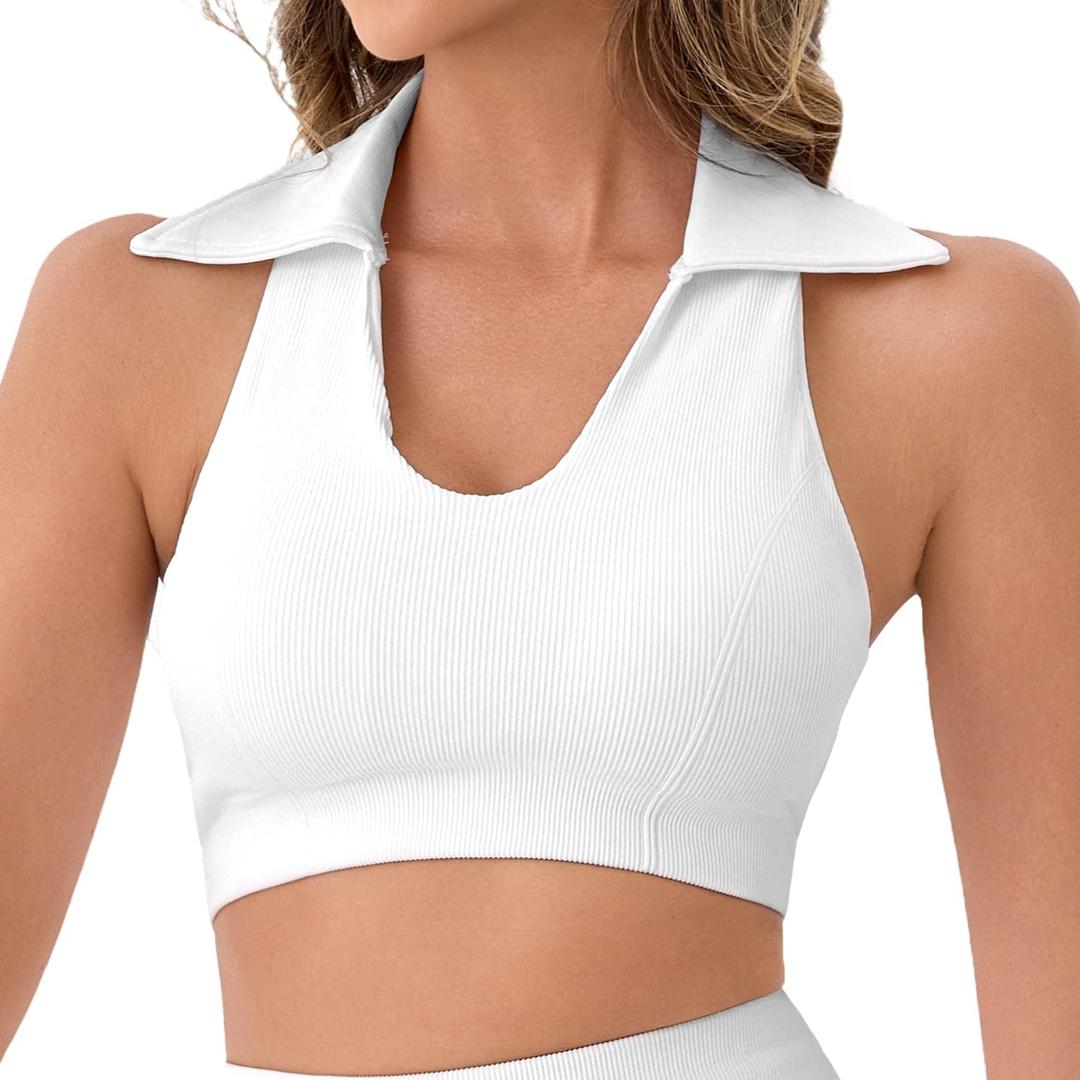RIOJOY Womens Workout Tennis Crop Top Collared Sleeveless Racerback Tank Top with Padded Sports Bra Golf Shirts (Medium, White)