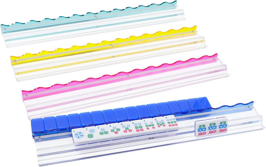 Set of 4 Clear Acrylic Mahjong Racks with Colourful Redesigned Pusher, American Mahjong Accessories
