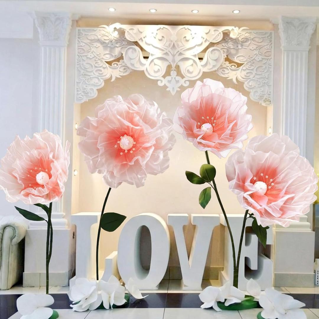 4 Pcs Wedding Giant Flowers Decorations 24 Inch 16 Inch 3D Large Silk Flowers Artificial Faux Floral Backdrop for Wedding Graduation Bridal Shower Birthday Party Supplies(Pink Gradient)