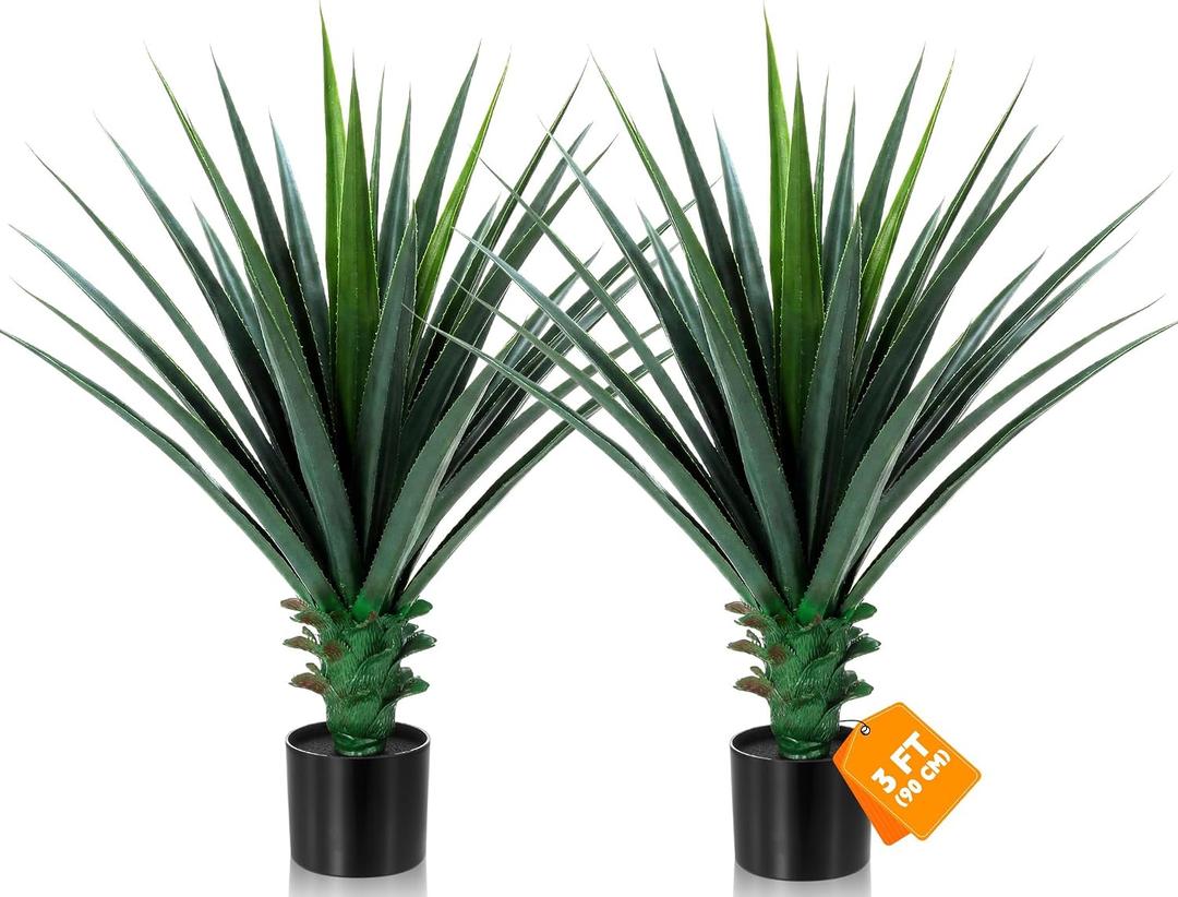 Giegxin 2 Piece 3ft Tall Artificial Spiked Agave Plant Potted Faux Agave Plants 35'' UV Resistant Large Realistic Artificial Greenery Outdoor Indoor for Housewarming Gift House Garden Bathroom