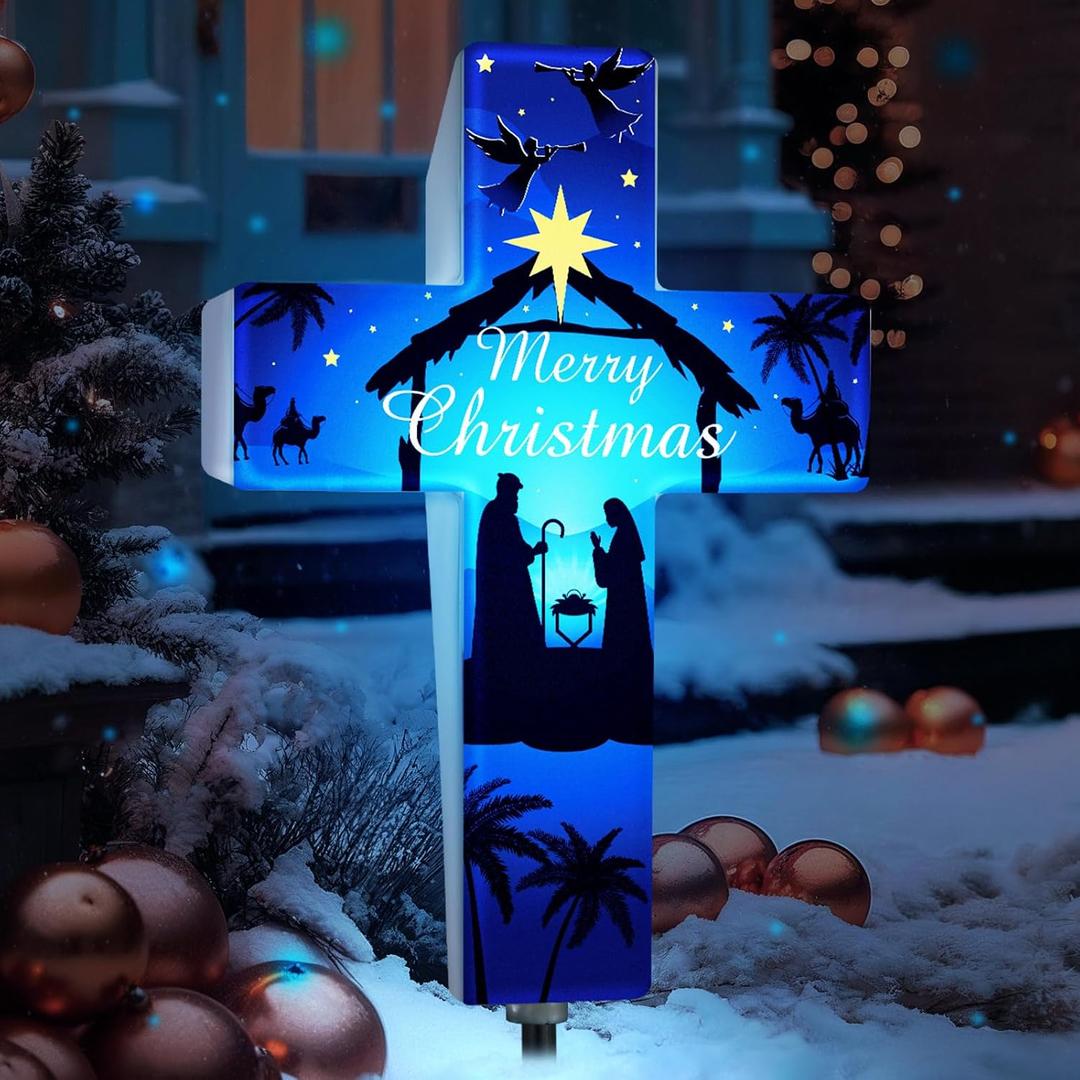 Yousoontic Outdoor Nativity Scene Solar Lighted Religious Christmas Garden Stake Nativity Scene Yard Decorations Solar Light up Holy Night Cross Stake Decor for Christmas Outside Patio Yard (Classic)