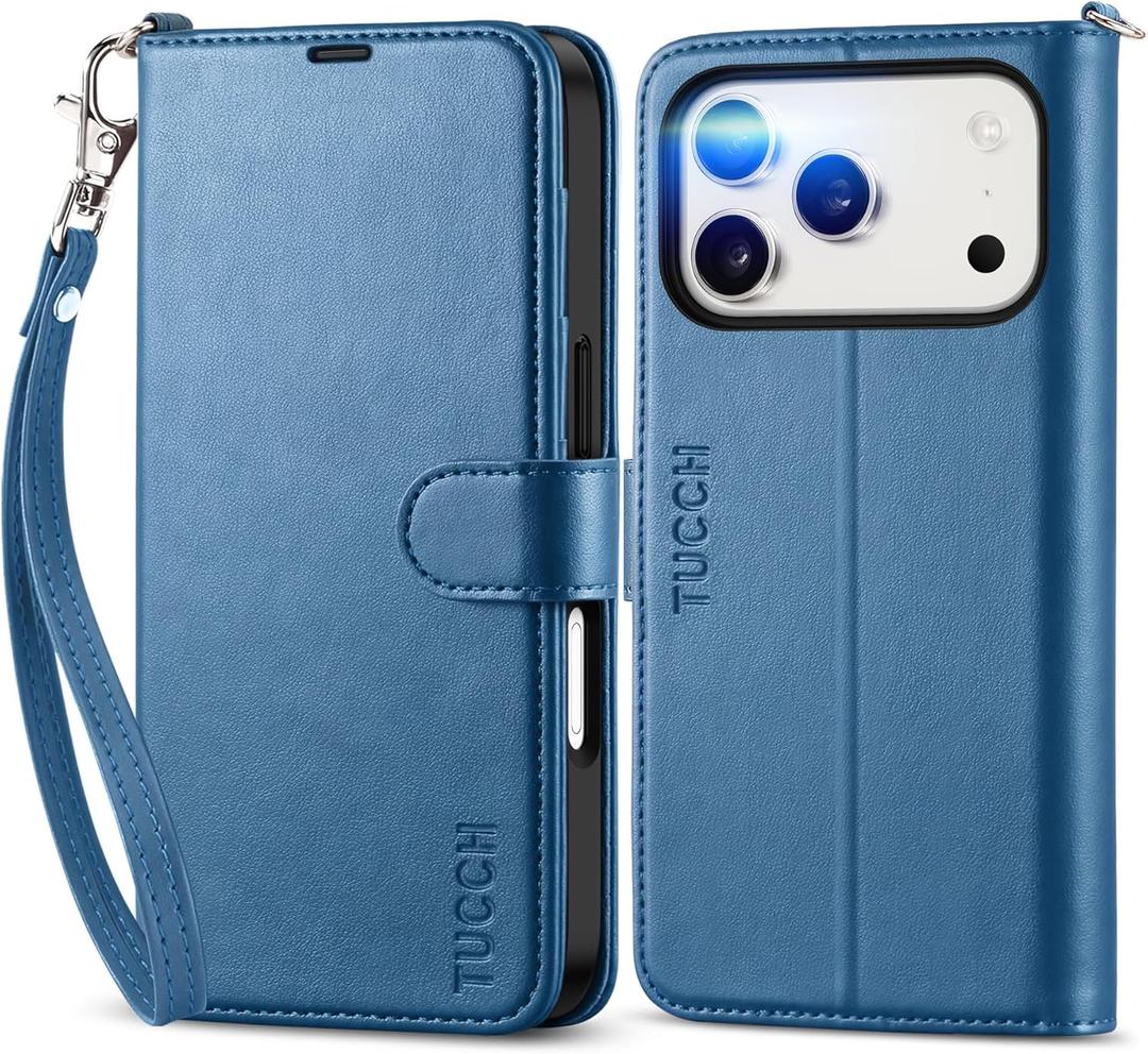 TUCCH Wallet Case for iPhone 17 Pro (6.3-Inch) 2025, Wrist Strap | RFID Blocking 4 Card Holders | Stand | Shockproof TPU Shell | PU Leather | Magnetic | Protective Flip Cover | Light Blue