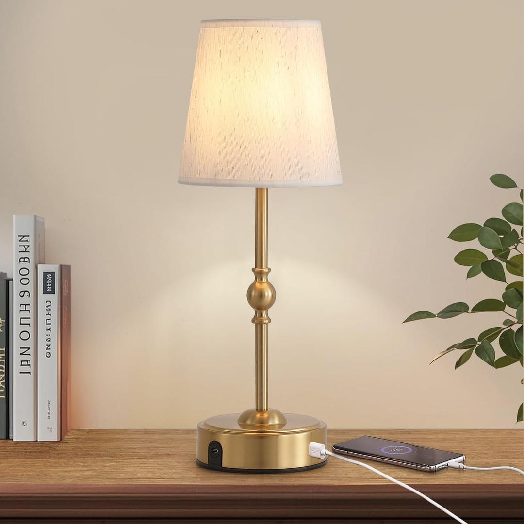 MEIXISUE Cordless Rechargeable LED Table Lamp with Dimmer,Nightstand Lamp with USB Port,Antique Brass Portables Outdoor Lamp, Battery Operated Lamp for Patio Bedroom Bedside Balcony Camping Bar RV