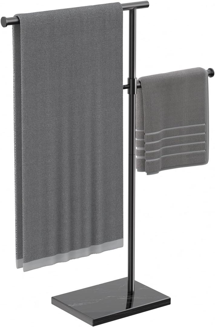 40" Free Standing Towel Rack for Bathroom with Weighted Marble Base, Height Adjustable & 360 Swivel Bars, Taller Rustproof 304 Stainless Steel, 2-Tier Floor Towel Stand for Bathtub