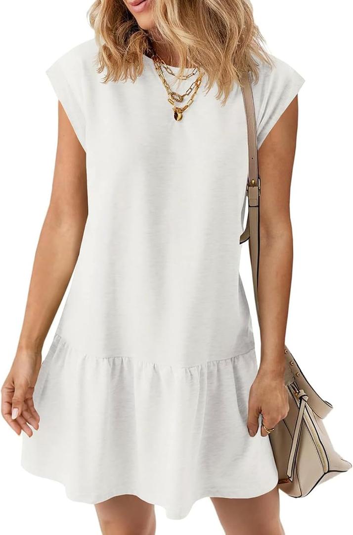 BLENCOT Womens Summer Dresses Casual Cap Sleeve Spring Ruffle Mini Sporty Sweatshirt Trendy Tshirt Dress (X-Large, White)