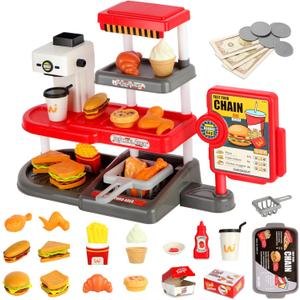 Pretend Play Food Toy for Kids Kitchen with Cash Register, Coffee Maker, 71 Pcs Fast Food Set with Burger, Fries, Ice Cream, Play Money, Educational Birthday Gift for Boys Girls Ages 3-8 (Red)