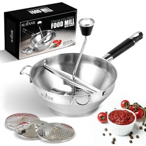Premium Stainless Steel Food Mill - Effortless Pureeing, Straining & Milling for Soups, Sauces, Baby Food, and More  Includes 3 Interchangeable Discs  Durable & Easy-to-Clean Design