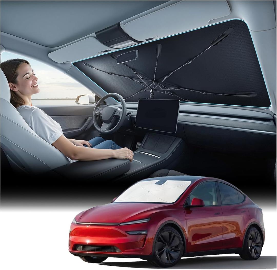 Nmoiss [Vinyl Coating Heat Shield] Windshield Sun Shade Umbrella Fit for Model Y 2020-2026 Include Juniper, Protect Car from Sun Rays & Heat Damage Keep Cool and Protect Interior, TeslaAccessories