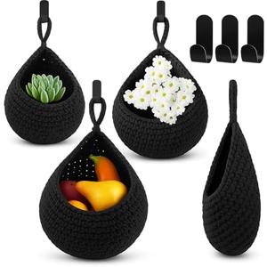 Honeydak Hanging Wall Basket Teardrop Hanging Baskets Onion Basket Coat Bohemian Storage Fruit Wall Hooks for Kitchen Wall Home Restaurant Storage Vegetable, 3 Sizes (Black)
