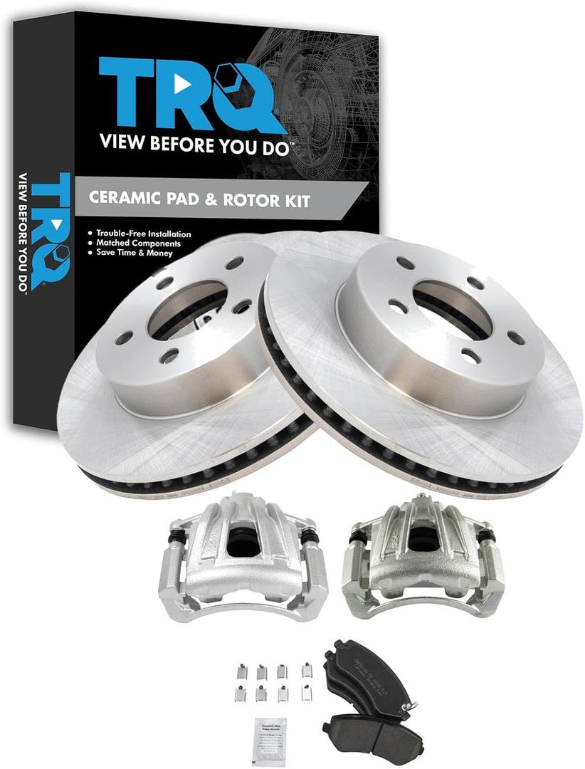 TRQ Front Brake Pad and Rotor Set Ceramic Vented Rotors Calipers Compatible with 2002-2007 Jeep Liberty