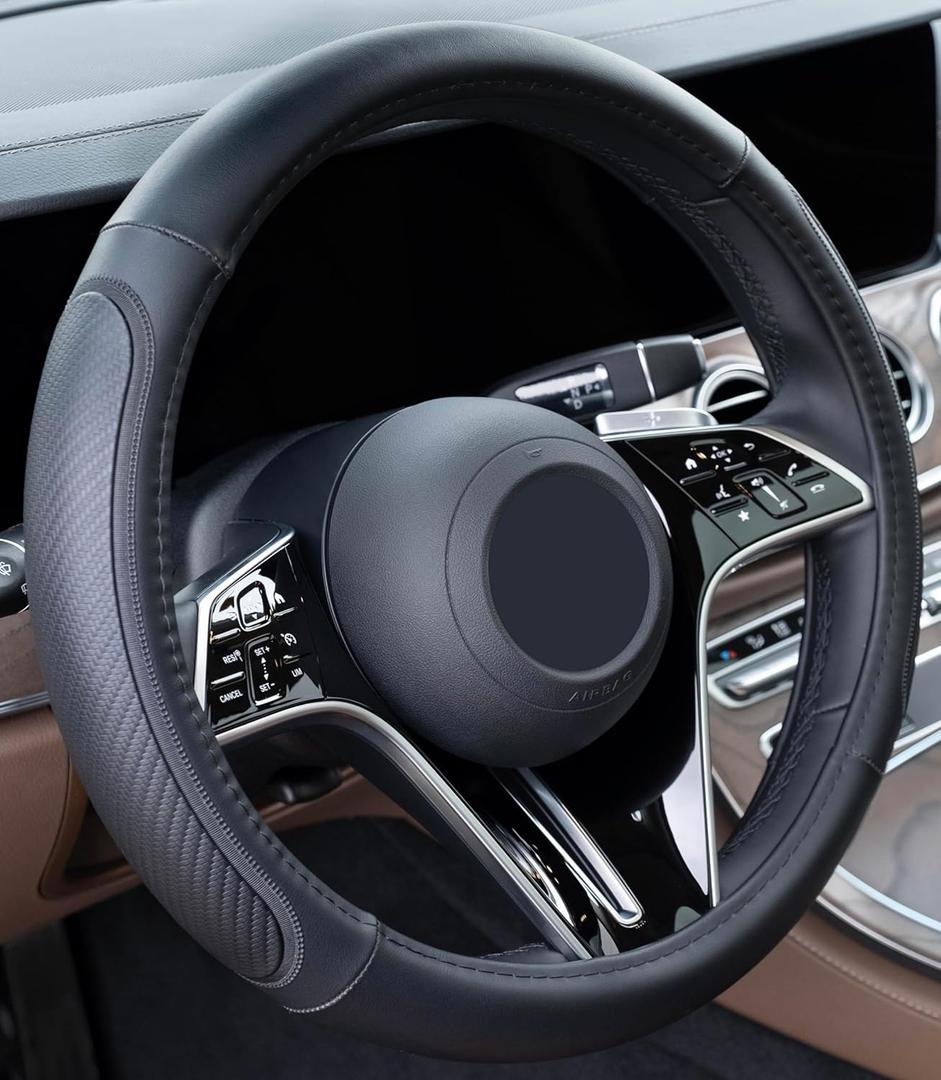 Magnelex Microfiber Leather Steering Wheel Cover Black. Heat Resistant Anti-Slip Car Wheel Wrap - Compatible with Most Makes and Models of Cars and Trucks with 14.5 to 15 Inch Steering Wheels