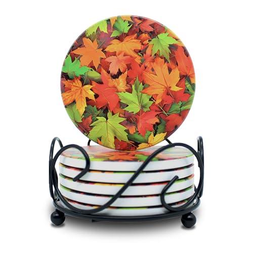 Fall Leaves Drink Coasters Set of 5 with Holder Absorbent Ceramic Coasters for Wooden Table, Cute Rustic Round Coasters Cork Base Fall Decor House Warming New Home Gift