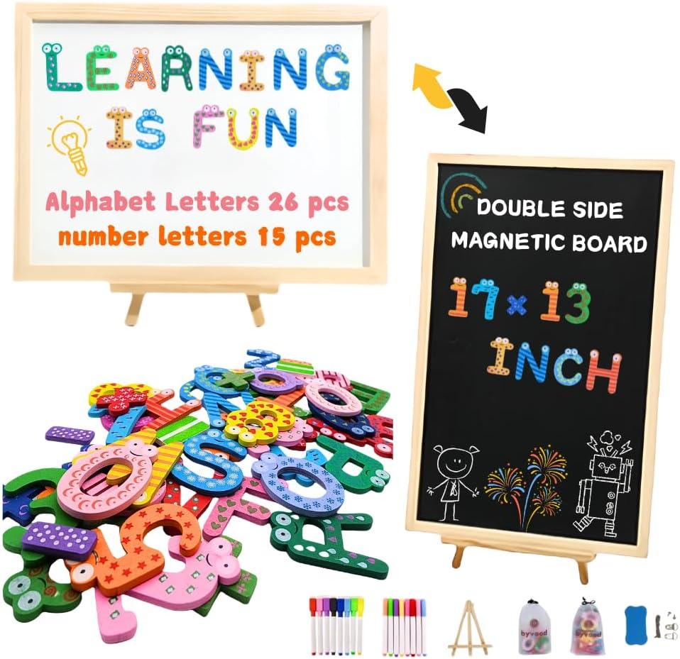 Double-Sided Magnetic Chalkboard and Whiteboard- Includes Wooden Magnetic Alphabet&Number Letters Kit- Spelling and Learning Toys for Preschool Kids&Toddlers&Children